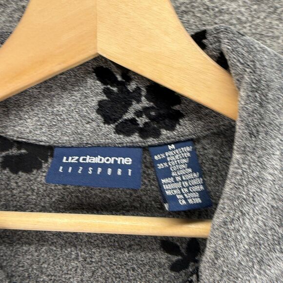 Liz Claiborne Shirt Women M Medium Gray Floral Button Up Collared Long Sleeve - Picture 3 of 6